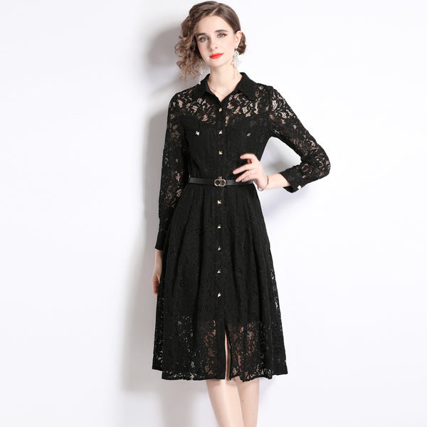 Long-Sleeved Lace Hem Pressed Pleated Metal Buckle Decoration Hollowed Out Mid-Length Dress