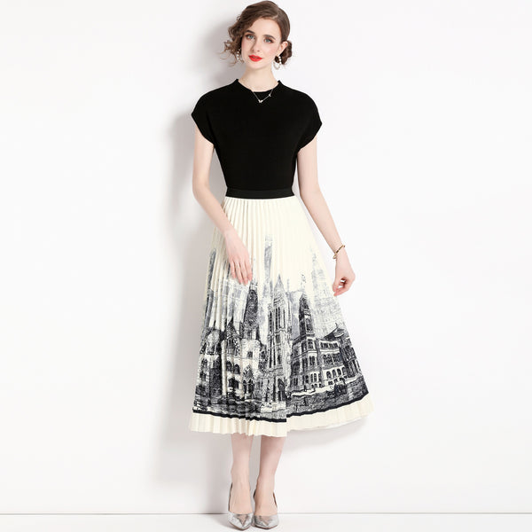 Black Knit and High-Waisted Printed Skirt Pleated Skirt Two-Piece Suit