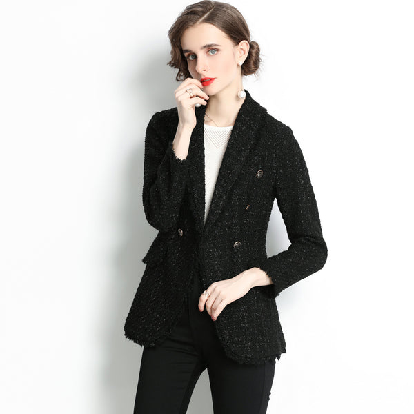Double Breasted Slim Temperament Black Tweed Small Fragrance Suit Jacket