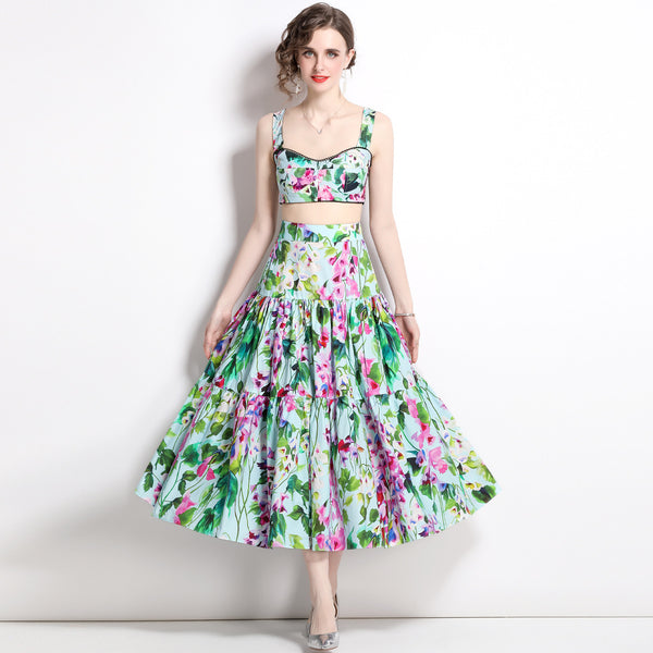 Vintage Sleeveless Short Style Chest Wrap Suspender and Printed High-Waisted Skirt Two-Piece Suit