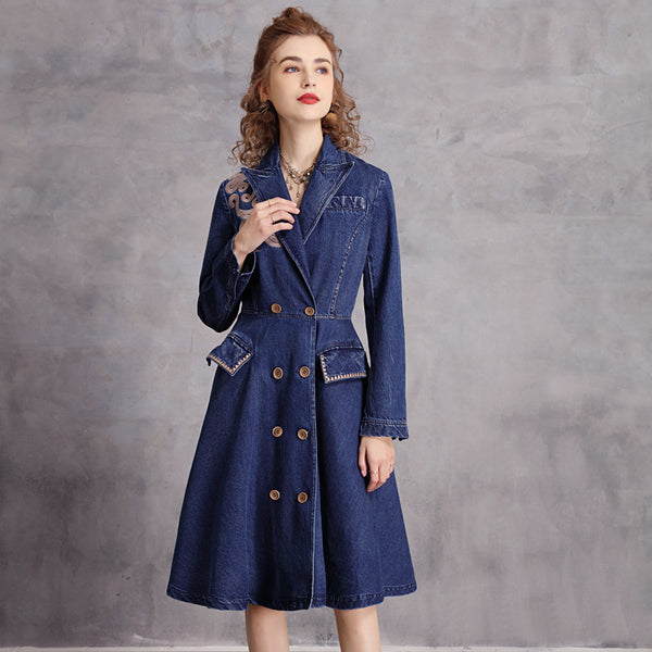 Vintage Embroidered Suit Collar Mid-Length Trench Coat