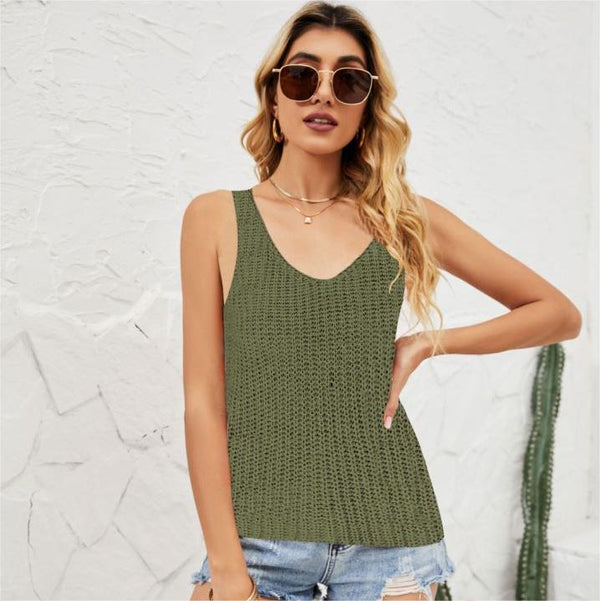 Fashion Solid Color Camisole V Neck Ice Silk Knitted Sweater Women