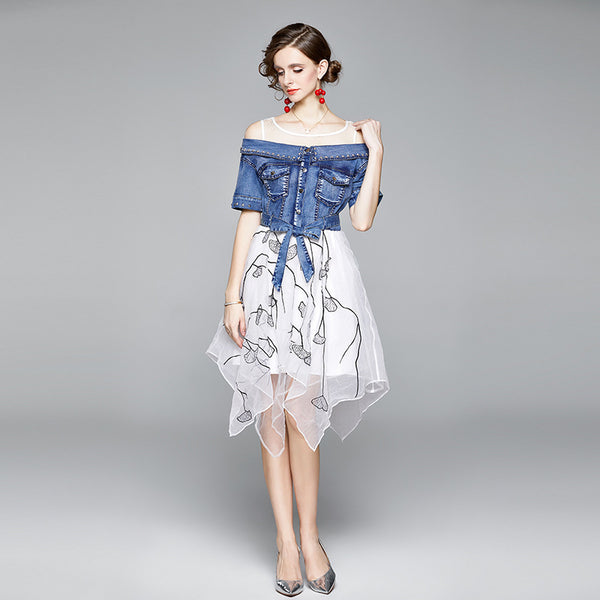 Temperament Off-Shoulder Short Sleeve Denim Patchwork Gauze Skirt Slim Irregular Mid-Skirt Dress