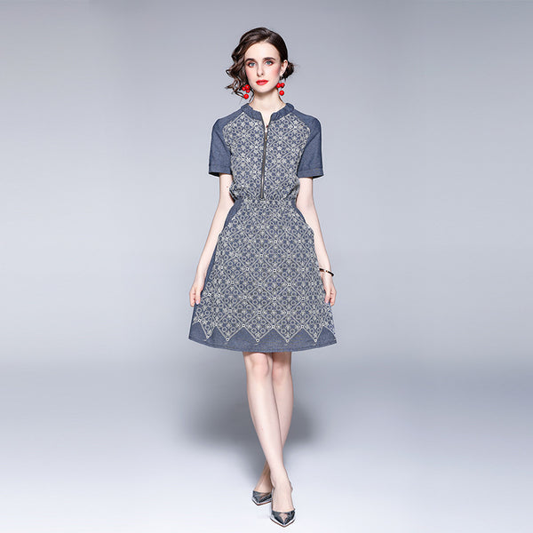 Elegant Jacquard Embroidery Stand-Up Collar Half Zipper Denim High-Waisted Short-Sleeved Skirt Dress